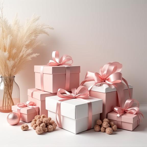 An elegant display of custom-branded candy gift boxes for a corporate client.